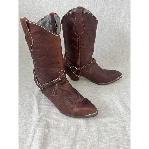 Sage by Abilene Style 3671 Brown Leather Cowboy Boots Silver Tips 8 Boot Straps - Picture 2 of 11